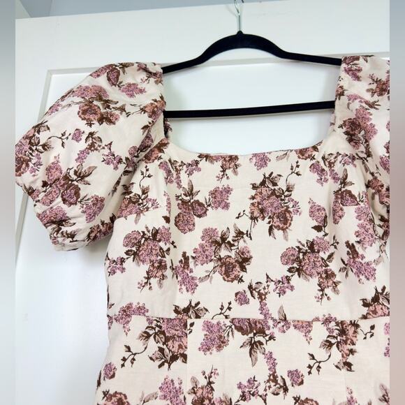 Aqua Brocade Puff Sleeve Pink Floral Dress Size Small - Picture 3 of 9